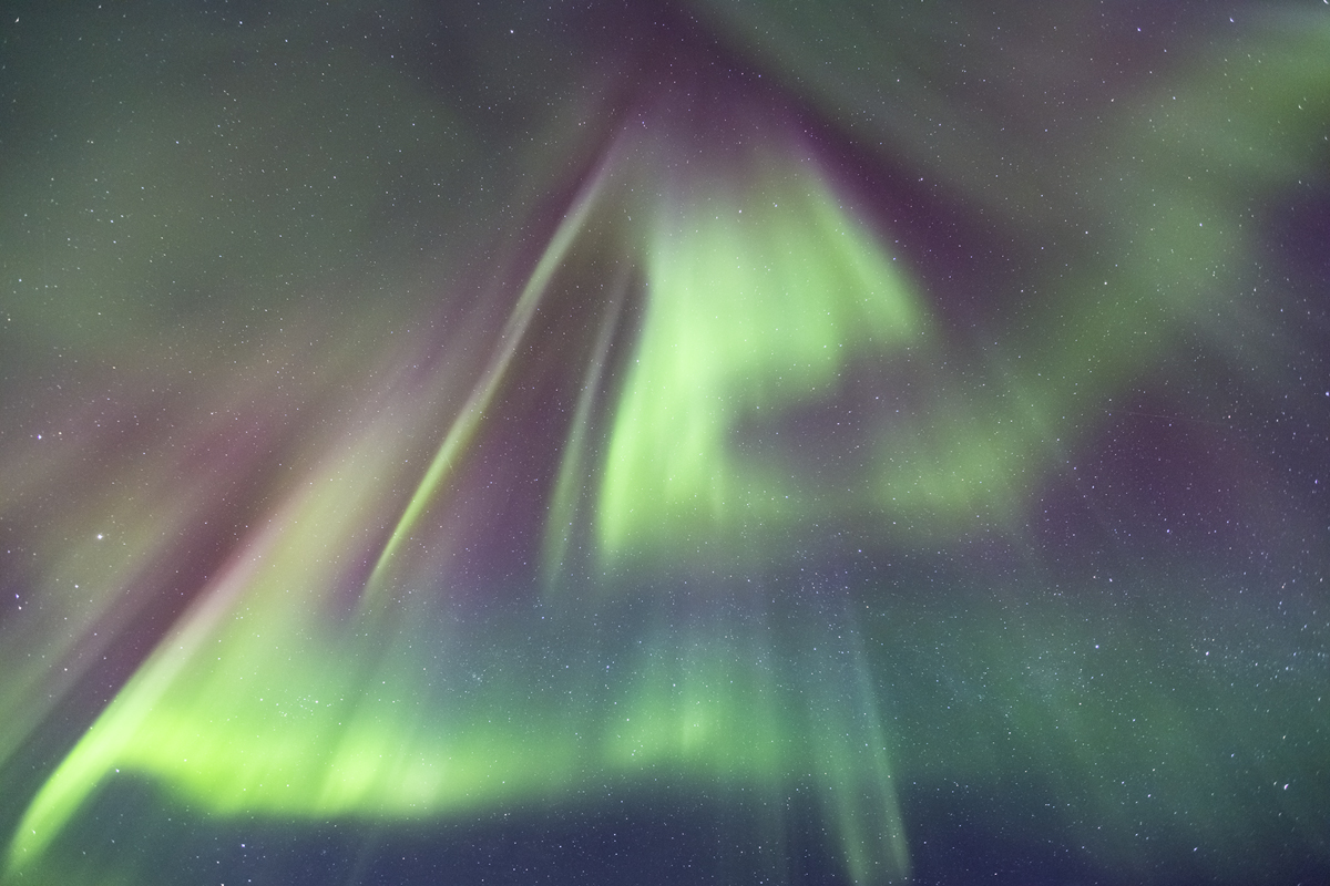 Looking straight above my head into the night sky the Northern Lights burst with color.